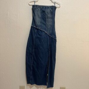 Zara Strapless Denim Midi Dress Corset Bodice Blue Dark Wash Raw Hem Medium TRF